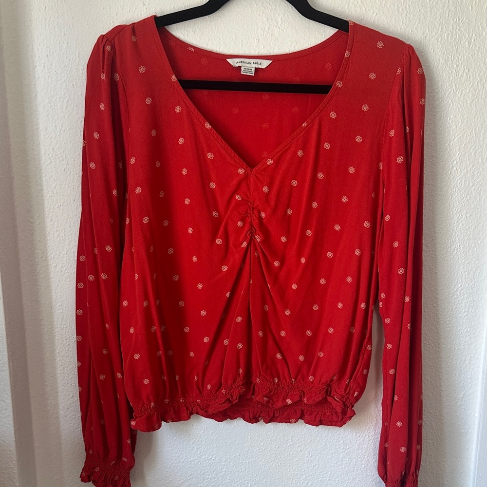 American Eagle Outfitters Red Long-Sleeve V-Neck Peasant Top